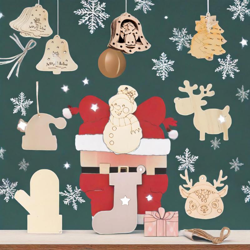 10pcs unfinished wooden Christmas ornaments suitable for holiday home decor and creative projects for boys and girls