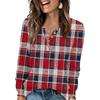Women's Fashion V-Neck Button-Up T-Shirt With Check Print Long Sleeves