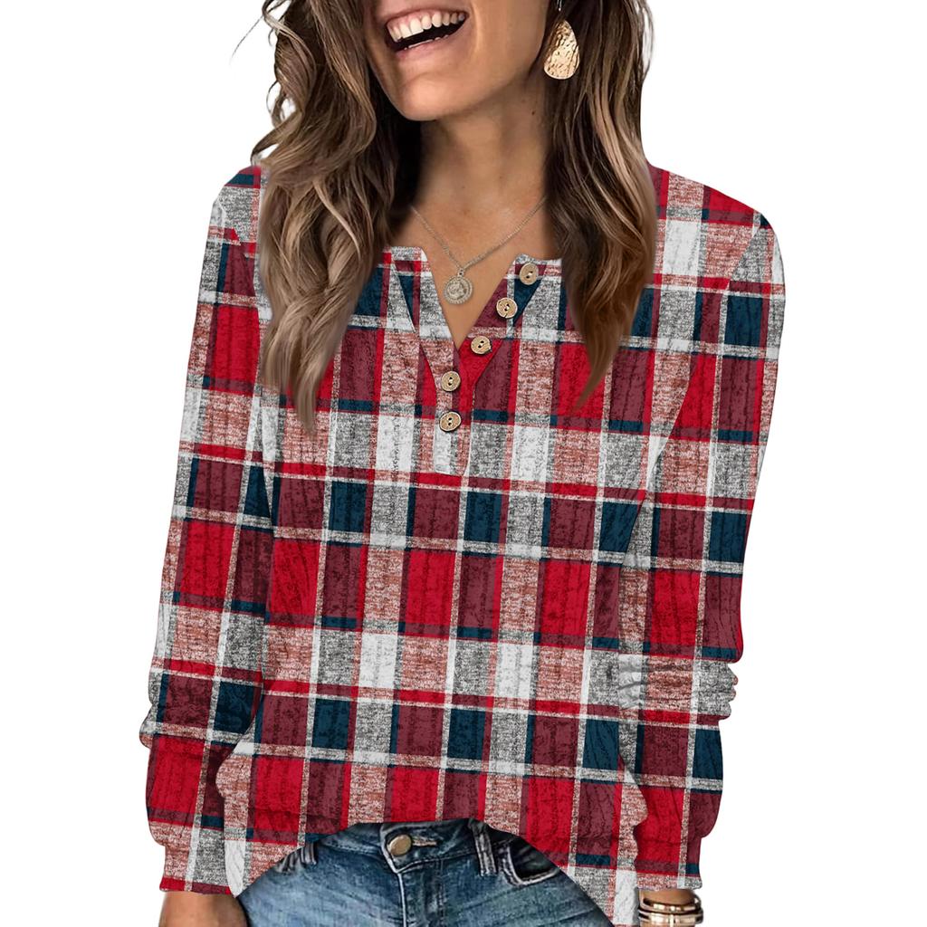 Women's Fashion V-Neck Button-Up T-Shirt With Check Print Long Sleeves