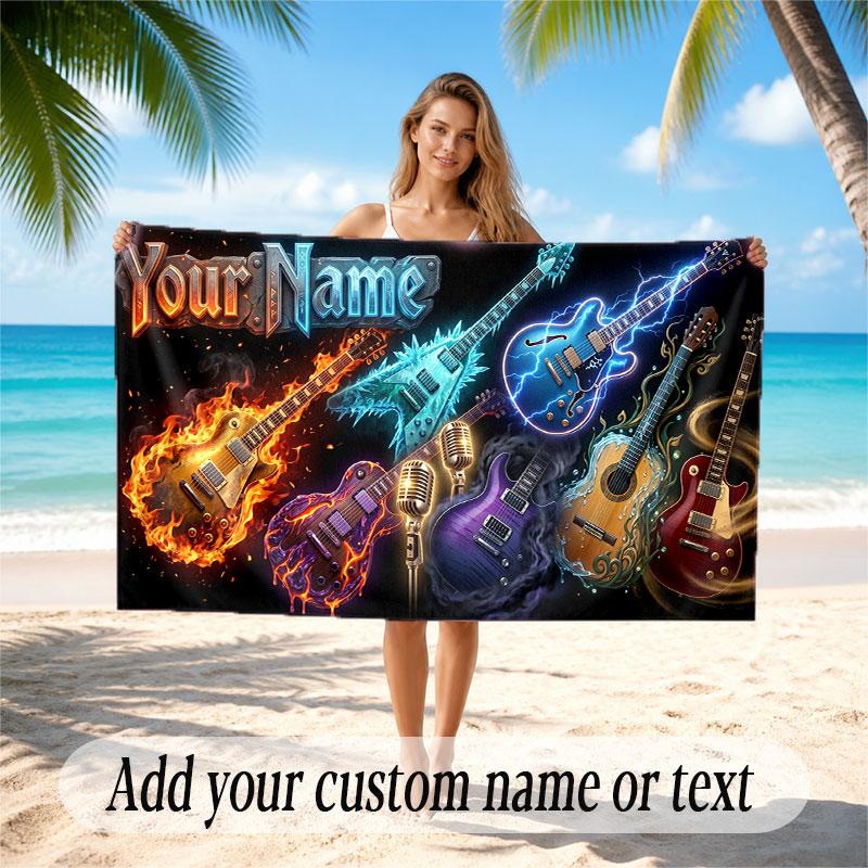 Music Guitar Theme Beach Towel Personalized Custom Name & Text Soft Quick Dry Beach Towel for Swimming Travel