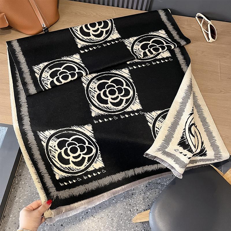 Scarf Women's Cashmere Camellia Simple Double-sided Versatile Dual-purpose Shawl Air Conditioner Warm Wool Scarf
