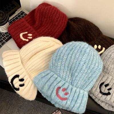 Korean Style Small Smiling Face Pile Hat Knitted Woolen Hat for Women Autumn and Winter New Hat