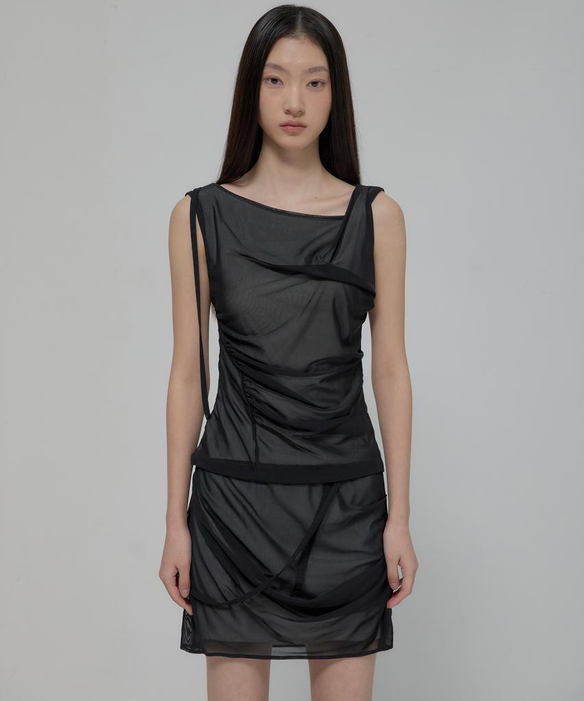 Peulleeoeob Draped Mesh Layered Mini Skirt (Fl-265_Black)