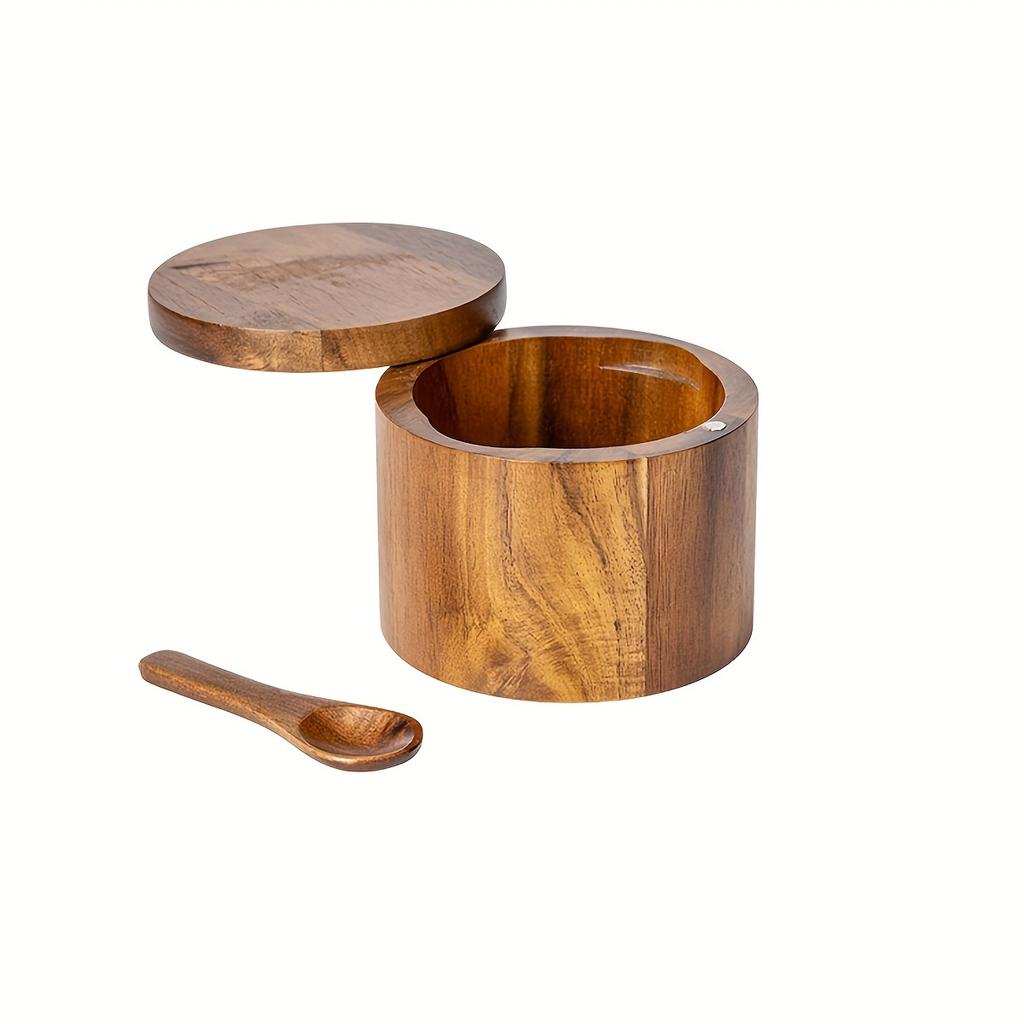 Acacia Wood Salt Jar with Spoon Solid Wood Seasoning Box Pepper Box Kitchen Seasoning Bottle Salt Box Storage Seasoning Jar
