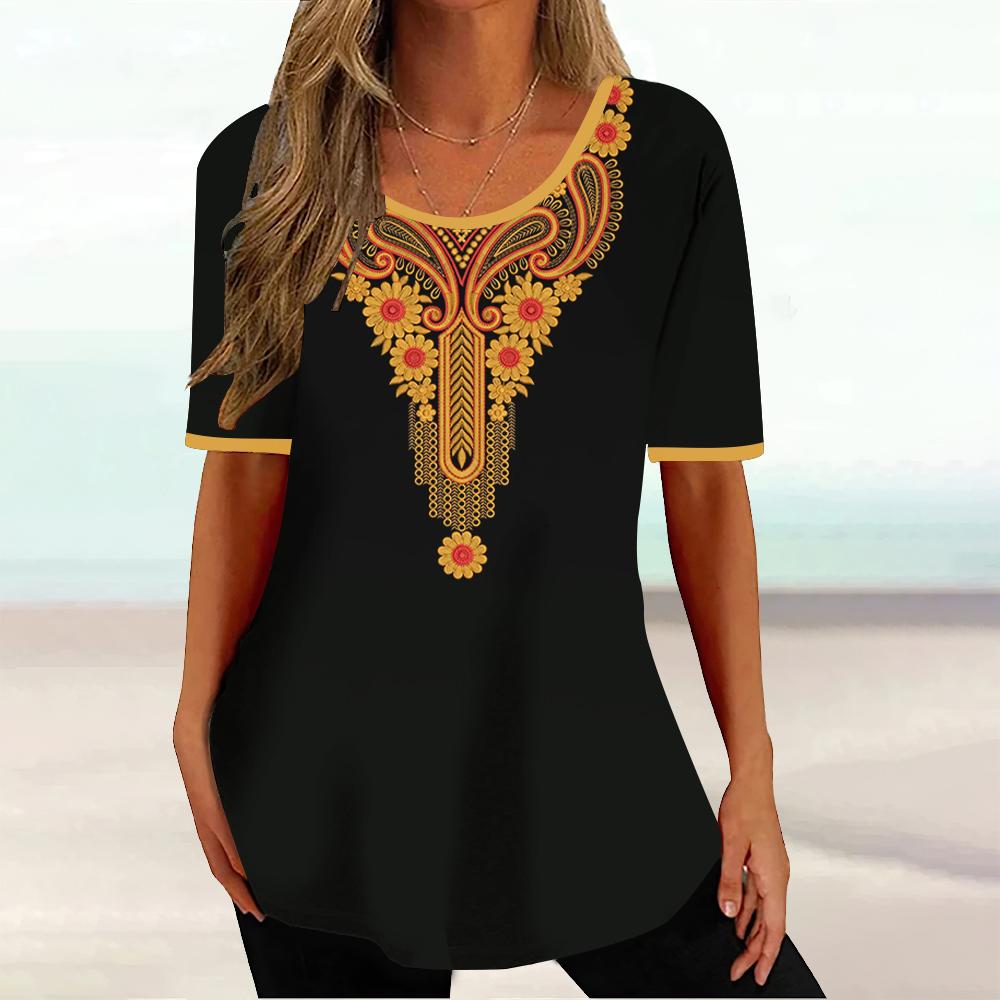 Africké etnické dámské tričko Tribal Tribal Krátký rukáv Dámský Klasický svetr Léto s výstřihem do O Volné Streetwear Denní oblečení