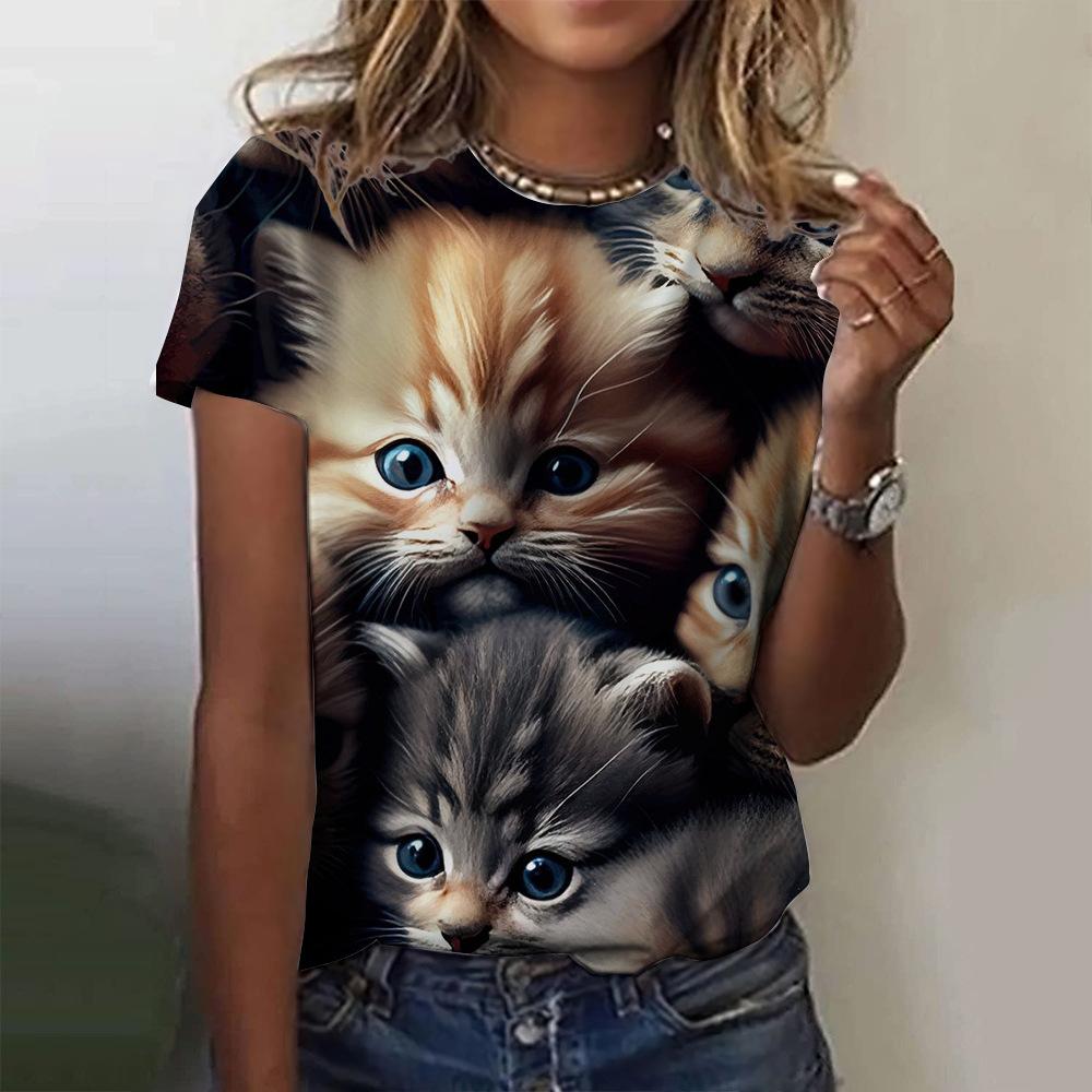 Summer Round Neck 3D Cat Print Top Fashionable Casual Short Sleeved Women's T-shirts