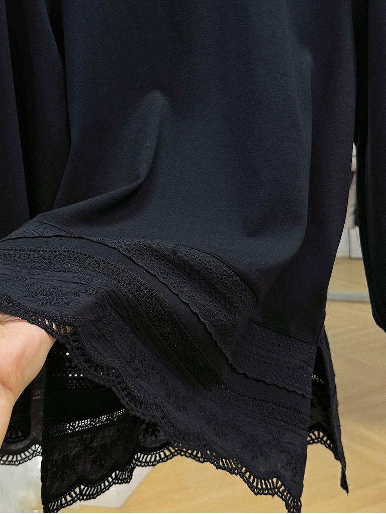 Korean Hollow Lace Patchwork Long Sleeve T-shirt - Women's Autumn/Winter Loose Style Base Layer