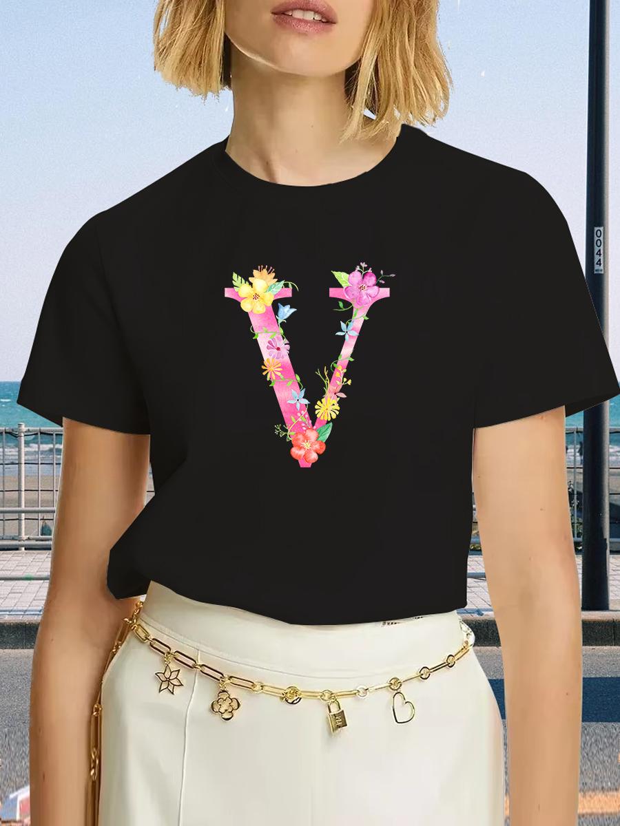 

Женская футболка с принтом букв V и цветов, модная, больших размеров, повседневная, с буквенным узором, летняя, свободного кроя, одежда в стиле харадзюку S
