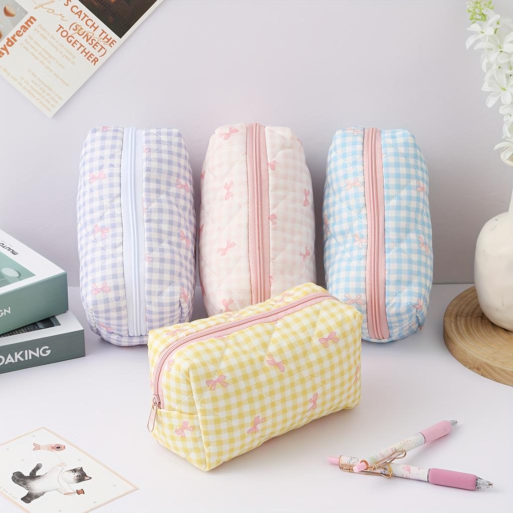 1pc Checkered Pencil Case Pink Bow Pattern Portable Stationery Organizer School Office Desk Essentials Travel Accessories