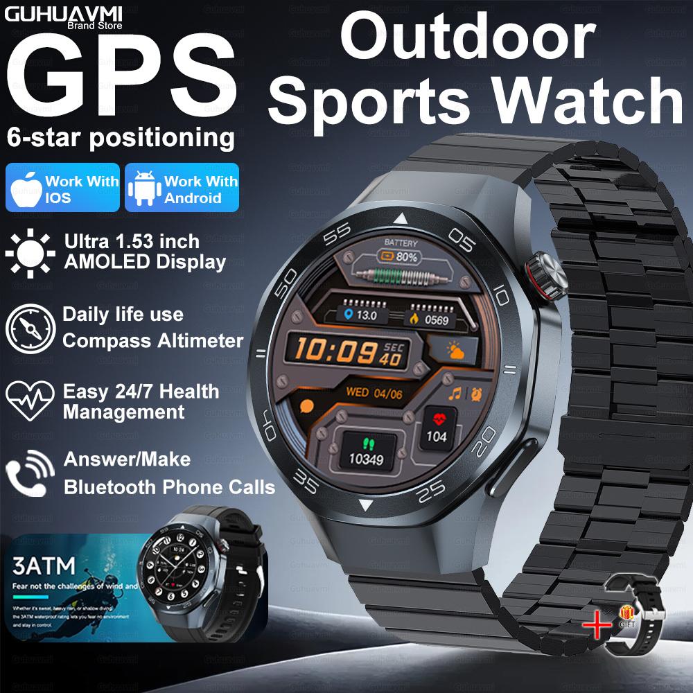 New GPS Position Smart Watch Men 1.53'' AMOLED HD Screen Compass Heart Rate 3ATM Waterproof Call Sports Business Smart Watch