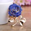 Blucome Full Austrian Crystal Blue Rose Flower Brooches Gold-color Coat Collar Plant Brooch Wedding Boutonniere Pullover Pins
