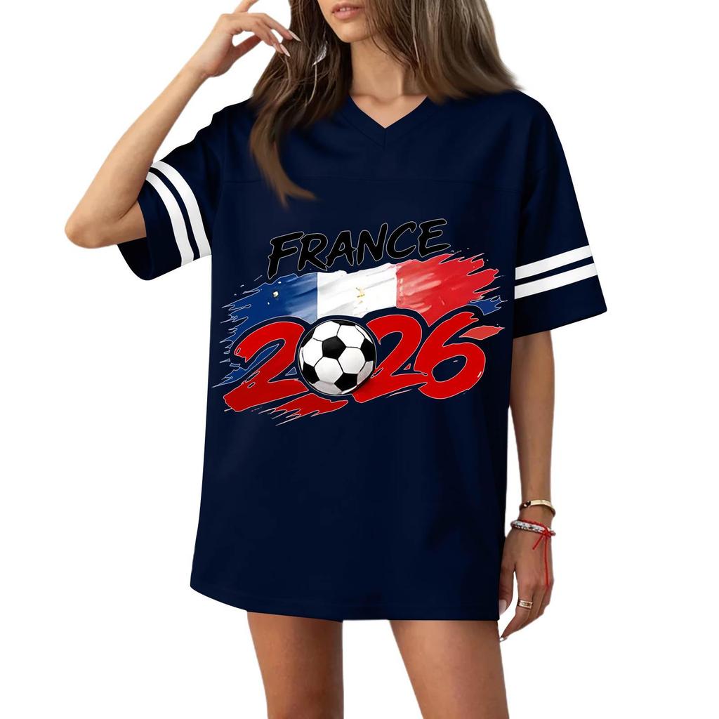 Women V Neck Casual Short Sleeve Sports T Shirt 2026 France Flag Print Loose Fit Football Jersey Top for Everyday Wear