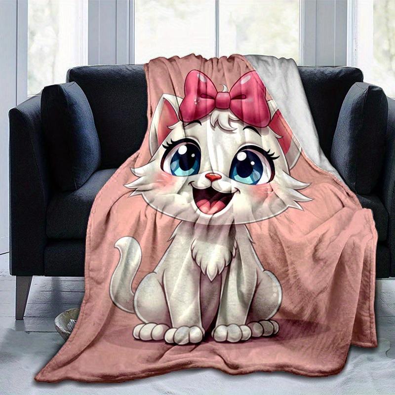 1pc Cute Cartoon Cat with Pink Bow Blanket - Seasonal Home Decor, Throw Blanket for All Seasons, for Decorating Your Own Sofa and Living Roo