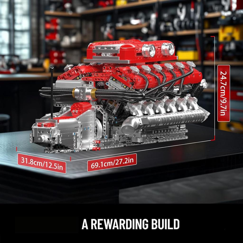 Mould King 10169 MOC Technic V12 In-Line Gasoline Engine Cylinder Block Kit, Motor Technology Sports Car Electric Motor Drive Block Set - Includes