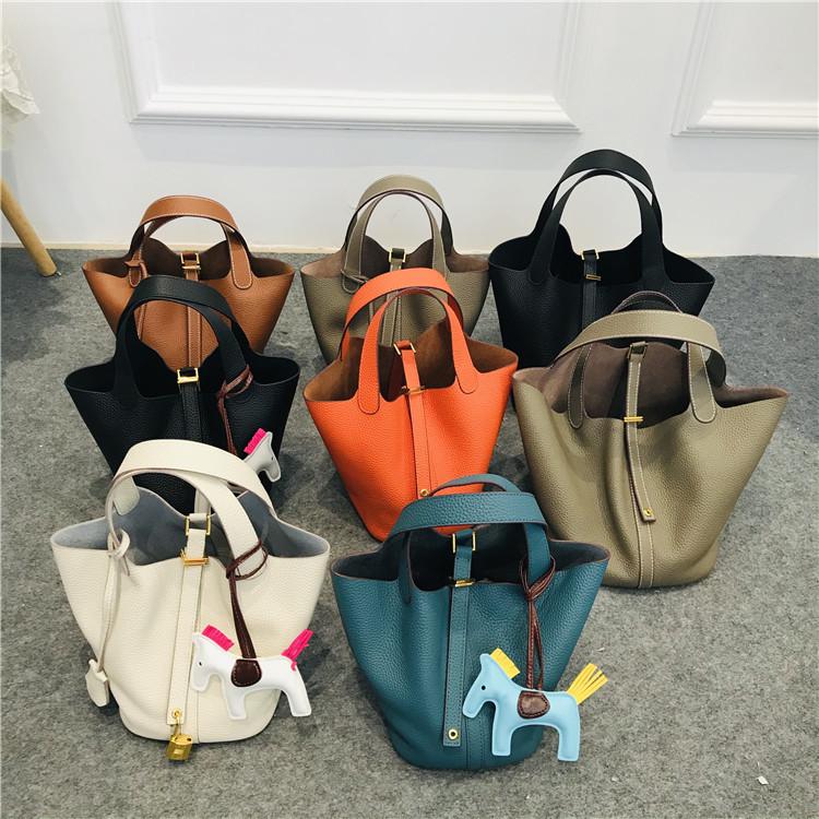 2024 Cowhide Lychee Pattern Vegetable Basket with Gold Hardware and Button - Mother-and-Child Bucket Handbag