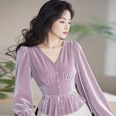 Velvet Long-sleeved Shirt Autumn Clothes for Women New Fashionable Early Autumn Purple Top