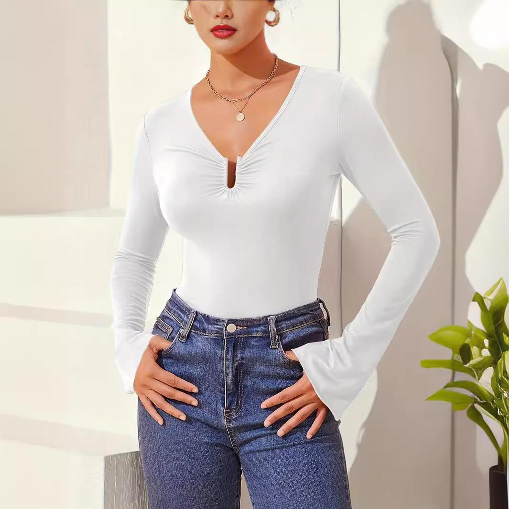 Autumn Winter Solid Slim Base Layer T Shirt Long Sleeve Shirt Women's Sexy V Neck Fashion Daily Basic Office Lady Casual Slim Fit Ladies Elegant Top