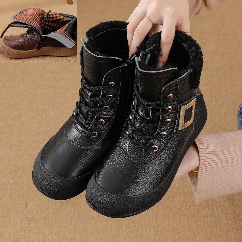 Johnature Retro Round Toe Side Zipper Plush Warm Short Boots Genuine Leather Soft Soled Women's Boots