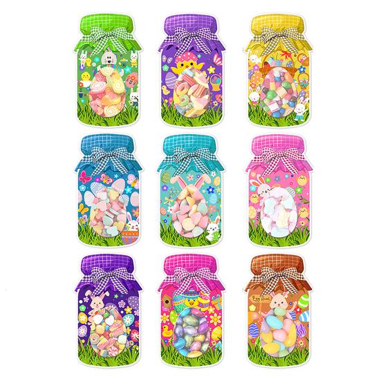 

Великодні картки в банках Мейсона з прозорими пакетиками для пригощань Щасливого Великодня Листівки-привітання для обміну Паперова картка у формі пляшки Рукоділля для Класної кімнати Весняна Великодня Вечірка 9pcs