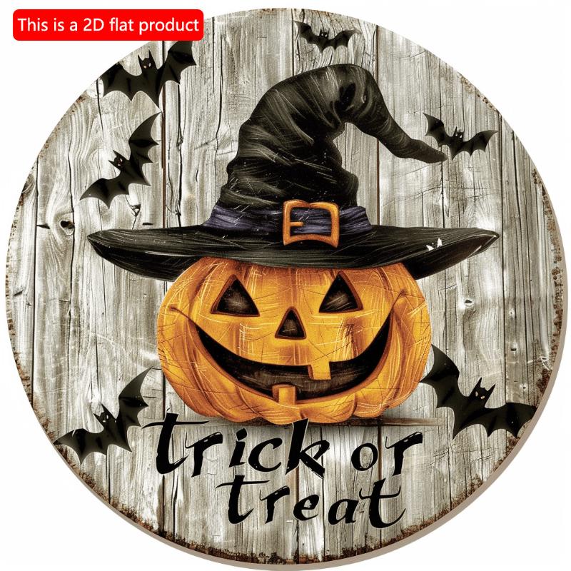 2d Flat 20*20cm, Halloween Home Decoration, Halloween Wizard Pumpkin "Trick or Treat", Wooden Circular Creative Decoration Logo, for Home, Kitchen