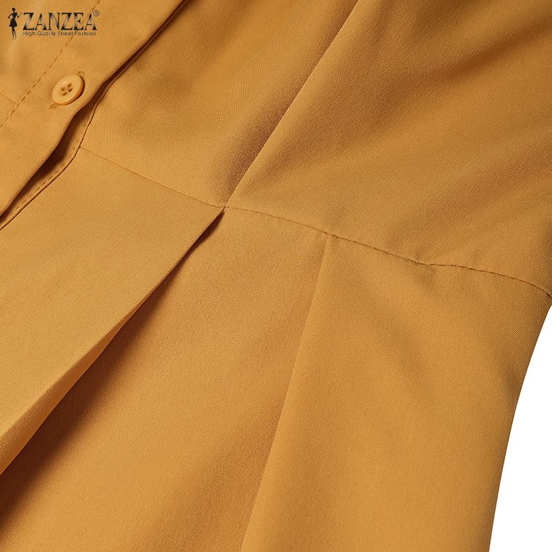 ZANZEA Elegant Women Stand Neck Puff Sleeve Buttons Slim Waist Casual Loose Long Pleated Dress