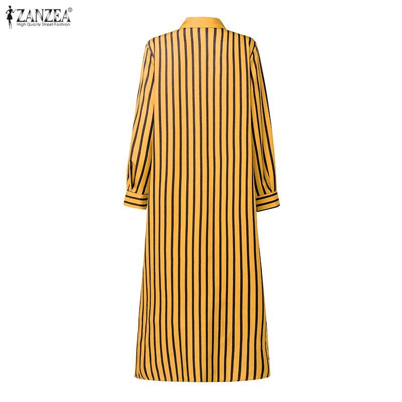 ZANZEA Women Casual Turn Down Collar Long Sleeve Stripe Dress