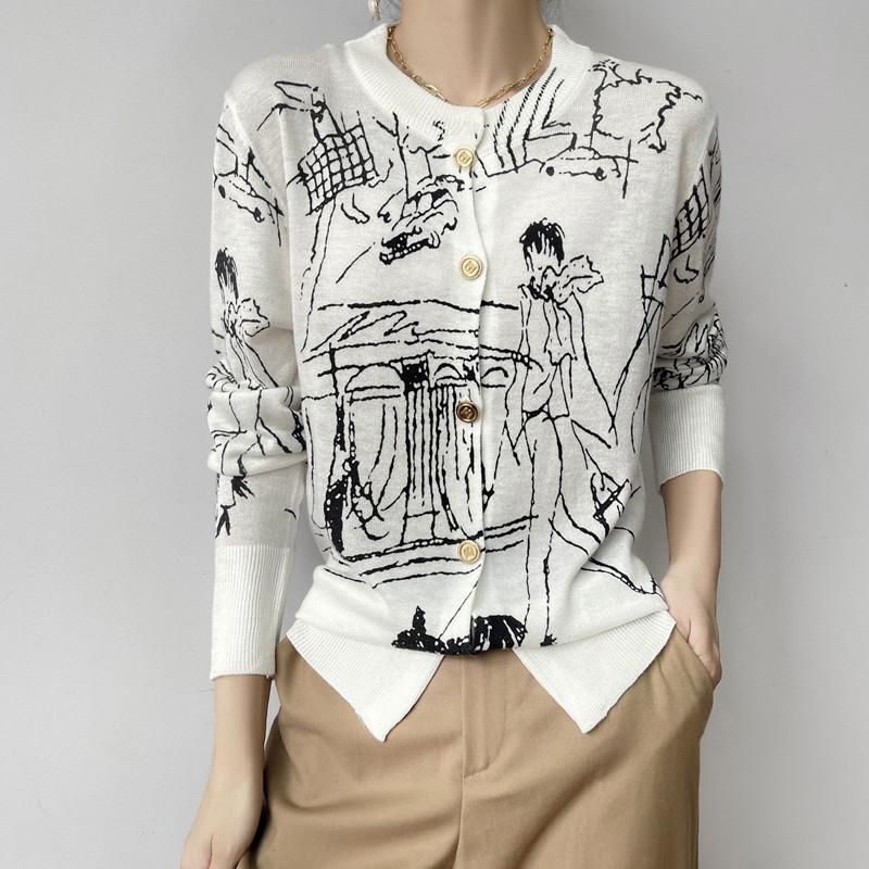 

Autumn 2025 Women s Graffiti-Style Knitted Cardigan with Round Neck Extra Large
