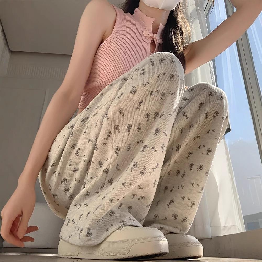 Women's Floral Spring Wide-Leg Sweatpants: High-Waist, Loose, Casual, Straight-Leg Pants
