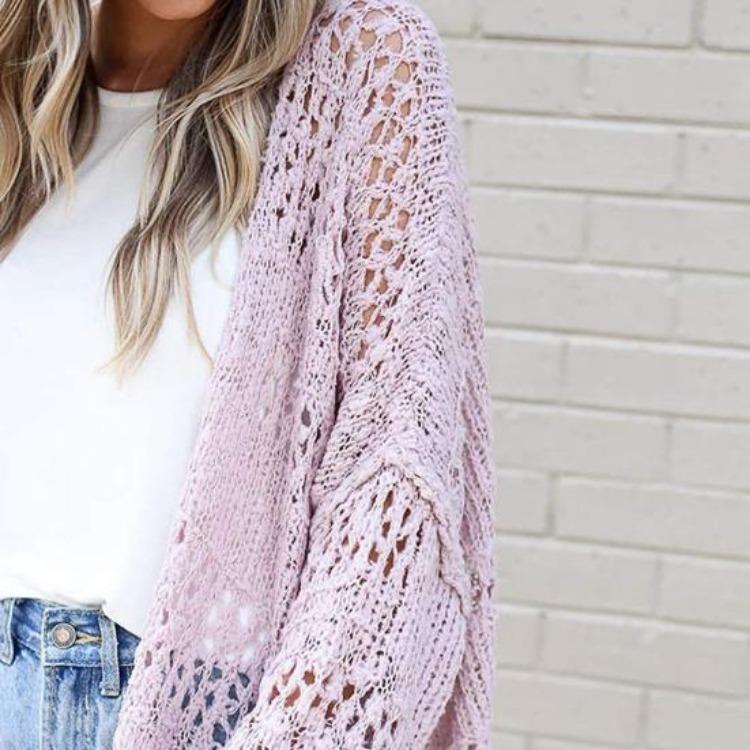 Spring Autumn Women Knitwear Hollow Out Loose Knitted Coat Pure Color Cardigan Long Sleeve Elastic Jacket Mid Length