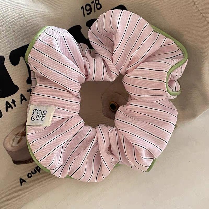 1pc Cream Contrast Large Intestine Hair Ring INS Style High-Quality Striped Teddy Bear Cute Hairband Versatile Headpiece