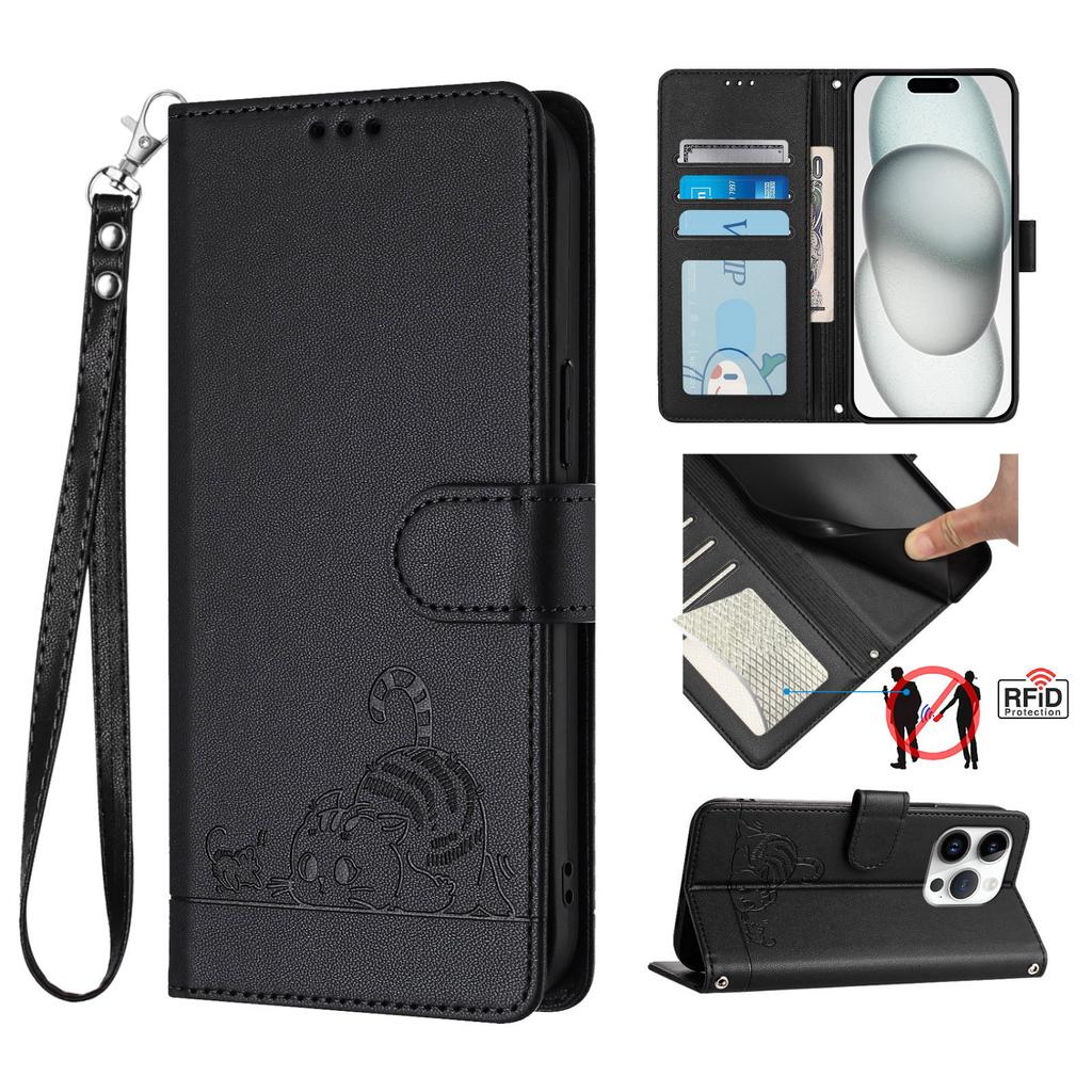 For iPhone 16 Pro Max Case with Strap RFID Blocking Leather Wallet Phone Cover Cat Mouse Pattern