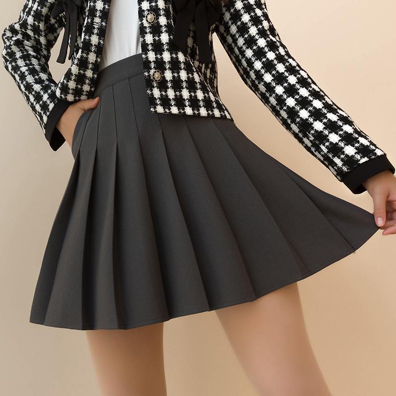 Khaki Vlněná A-line Skládaná Sukně s Vysokým Pasem pro Podzim Zimu - Dámská Krátká Sukně