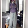 Women's New Style Retro Purple Hooded Sweatshirt Jacket with Waist-Cinched Zipper Cardigan Design