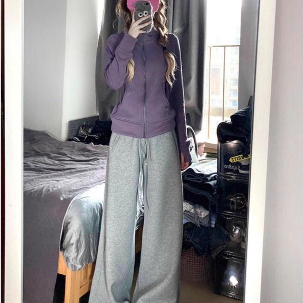 Women's New Style Retro Purple Hooded Sweatshirt Jacket with Waist-Cinched Zipper Cardigan Design