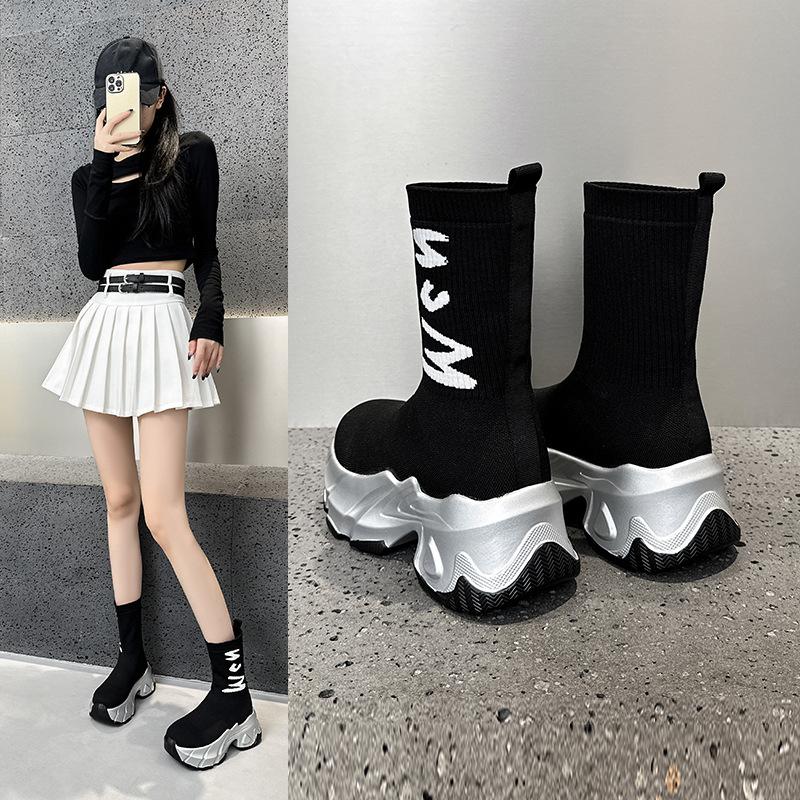 Fashion 6cm Synthetic Cloth Streth Knitted Fabric British Fashion Women Platform Wedge Autumn Spring Boots Knee High Boots Shoes