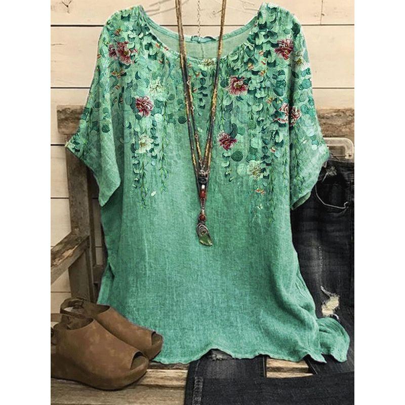 Printed round Neck Neck Casual Loose Top Print round Neck Top Women