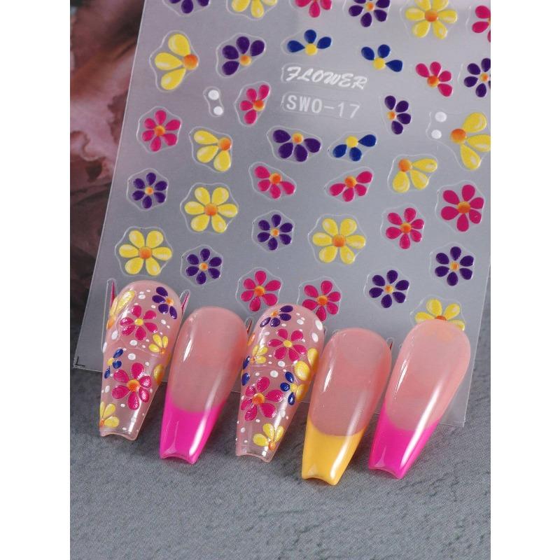 1pcs Colorful Flower 5D Embossed Nail Stickers French Floral Nail Art Design Summer Decals DIY Adhesive Slider Summer Manicure Decor Nail Supplies