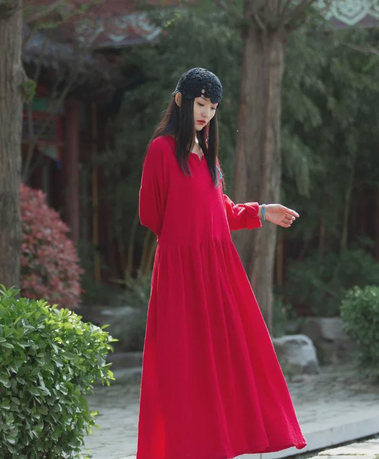 V-Neck Linen Double-Layer Swing Dress - Spring/Summer Retro Style