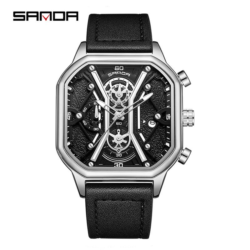 SANDA Trendy Men's Square Quartz Watch - Fashionable Multi-Function Calendar Wristwatch