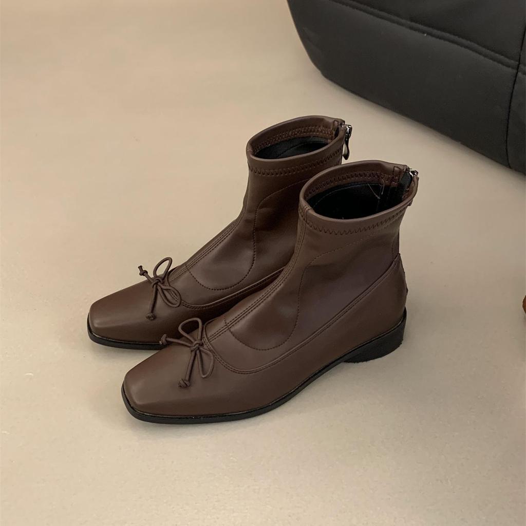 Fashion Women's Fashio slim short boots back zip closure elegant lady shoes squre toe with bow knot Modern Ladies Short Boots Shoes