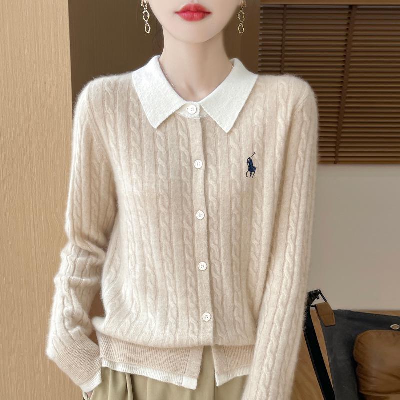 2025 Autumn/Winter Women's Pure Wool Embroidered Cable Knit Cardigan - Turn-Down Collar, Long Sleeve, Button-Up, Loose Fit Outerwear.