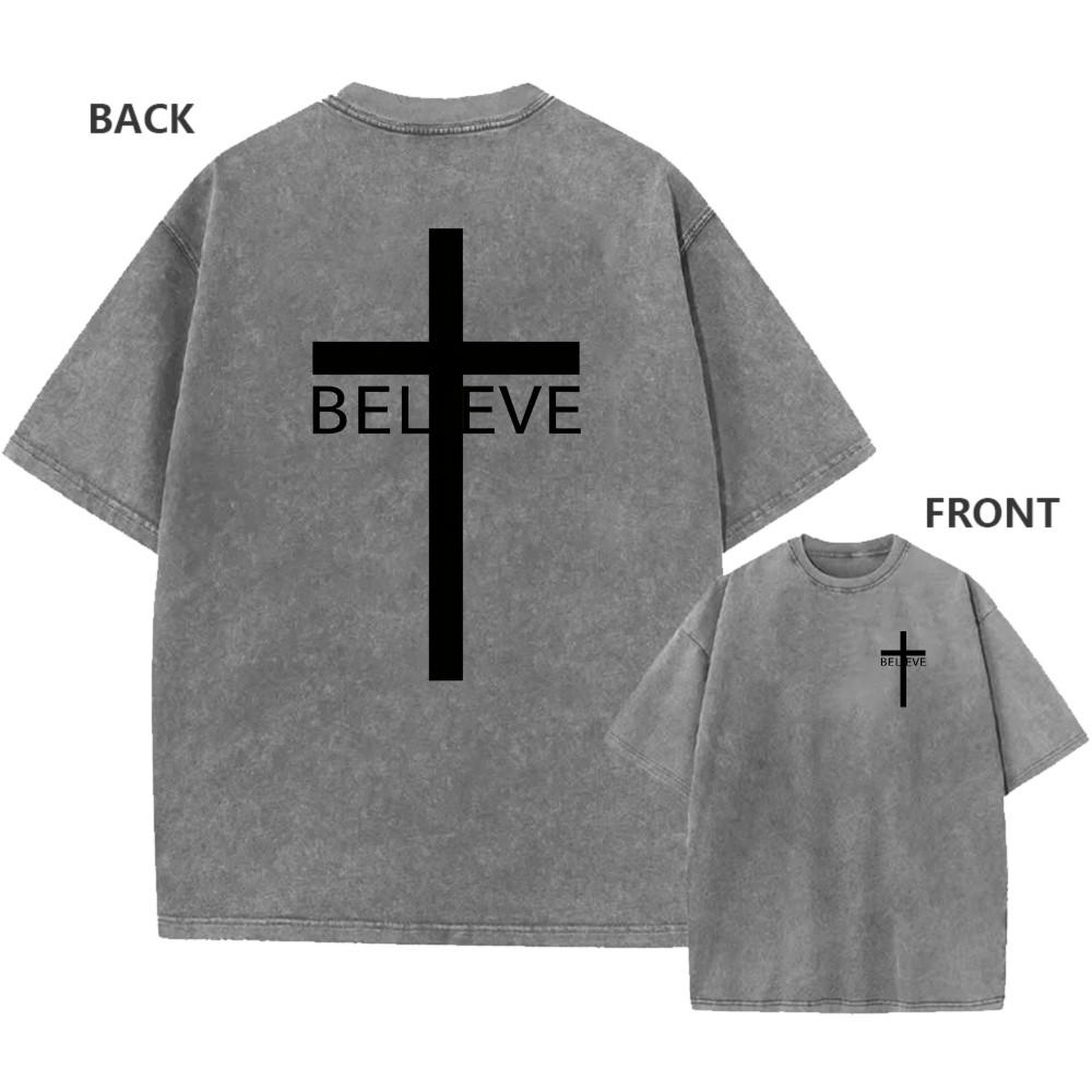Mens Vintage Oversized Washed TShirt Cotton Cross BELIEVE Faith Casual Tee