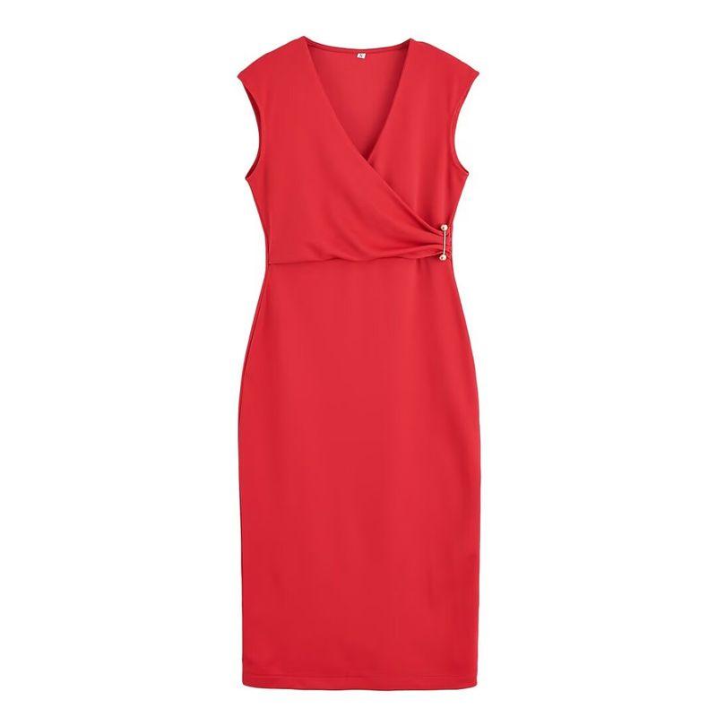 Kaslead New Women Clothes Western Style Fashion Pin Decoration V-neck Sleeveless Dress 3644181