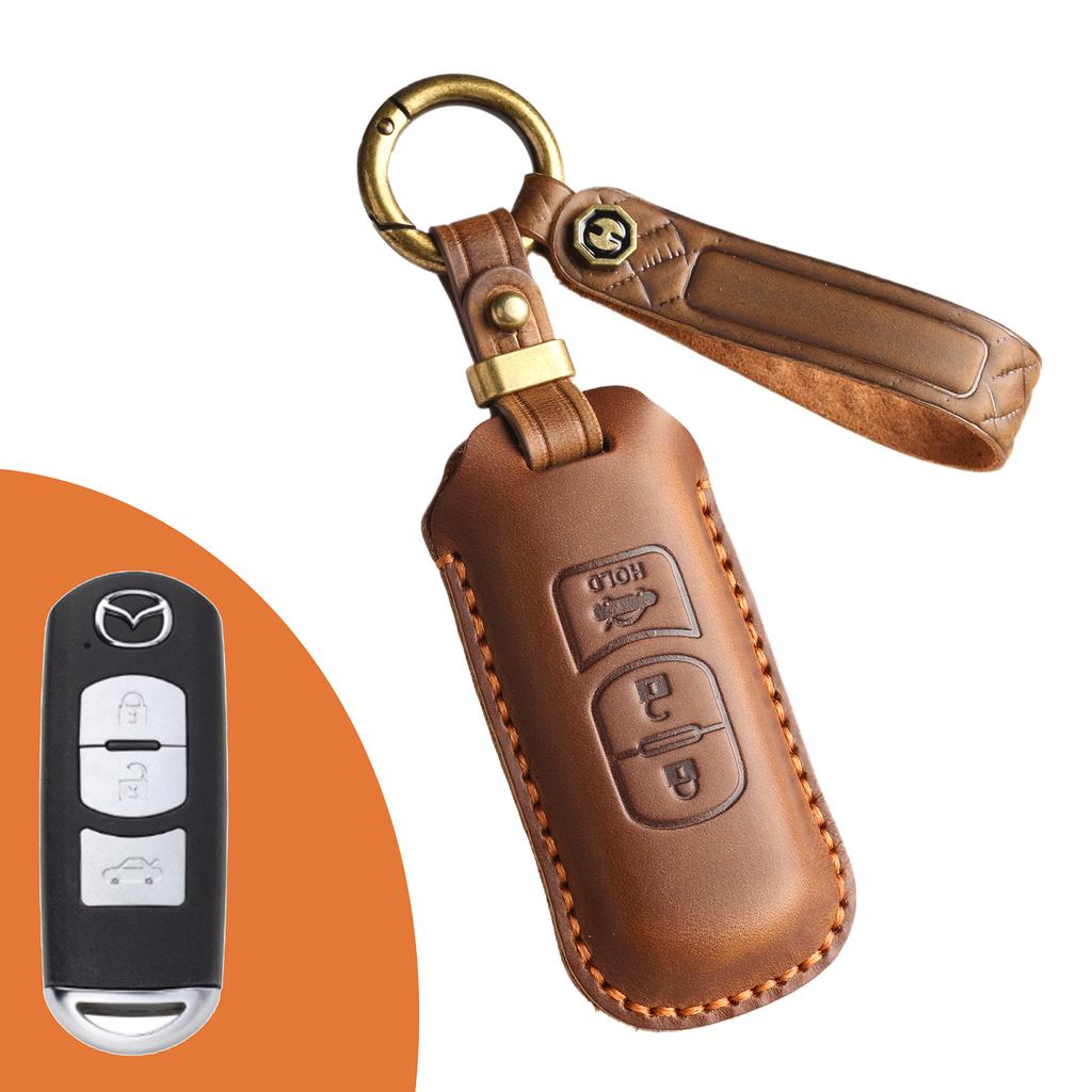 The New Retro Key Cover Is Suitable for the Old Mazda Car with Pure Hand-stitched Leather Key Bag and Shell Ring.