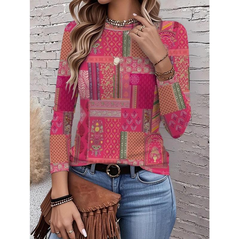 Autumn and Winter Women's Floral 3D Print Crew Neck Long-sleeve T-shirt with Ethnic Style