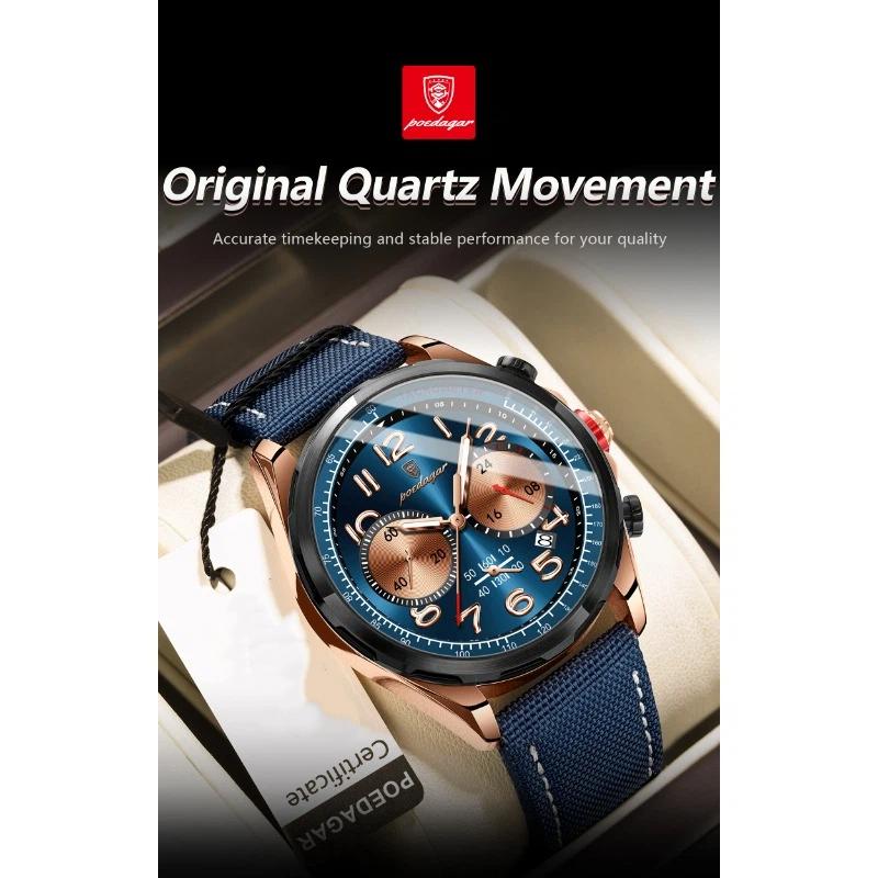POEDAGAR Luxusní pánské hodinky Quartz Nylonový kožený řemínek Náramkové hodinky Vodotěsné Svítící Chronograf Datum Hodinky Reloj+krabička