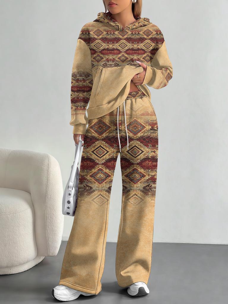 European And American Autumn And Winter Casual Long-Sleeved Suit Women'S Bohemian Hooded Sweater Trousers Two-Piece Set
