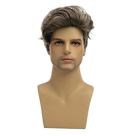 Men's Grey Gold Short Straight Synthetic Wig - Side-Part with Bangs, Breathable Adjustable Cap for Daily & Party Wear, Ready Stock
