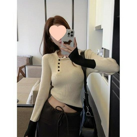 

Цветной блок, отложной воротник, облегающий вязаный топ - Женский стильный базовый слой для весны, осени и зимы