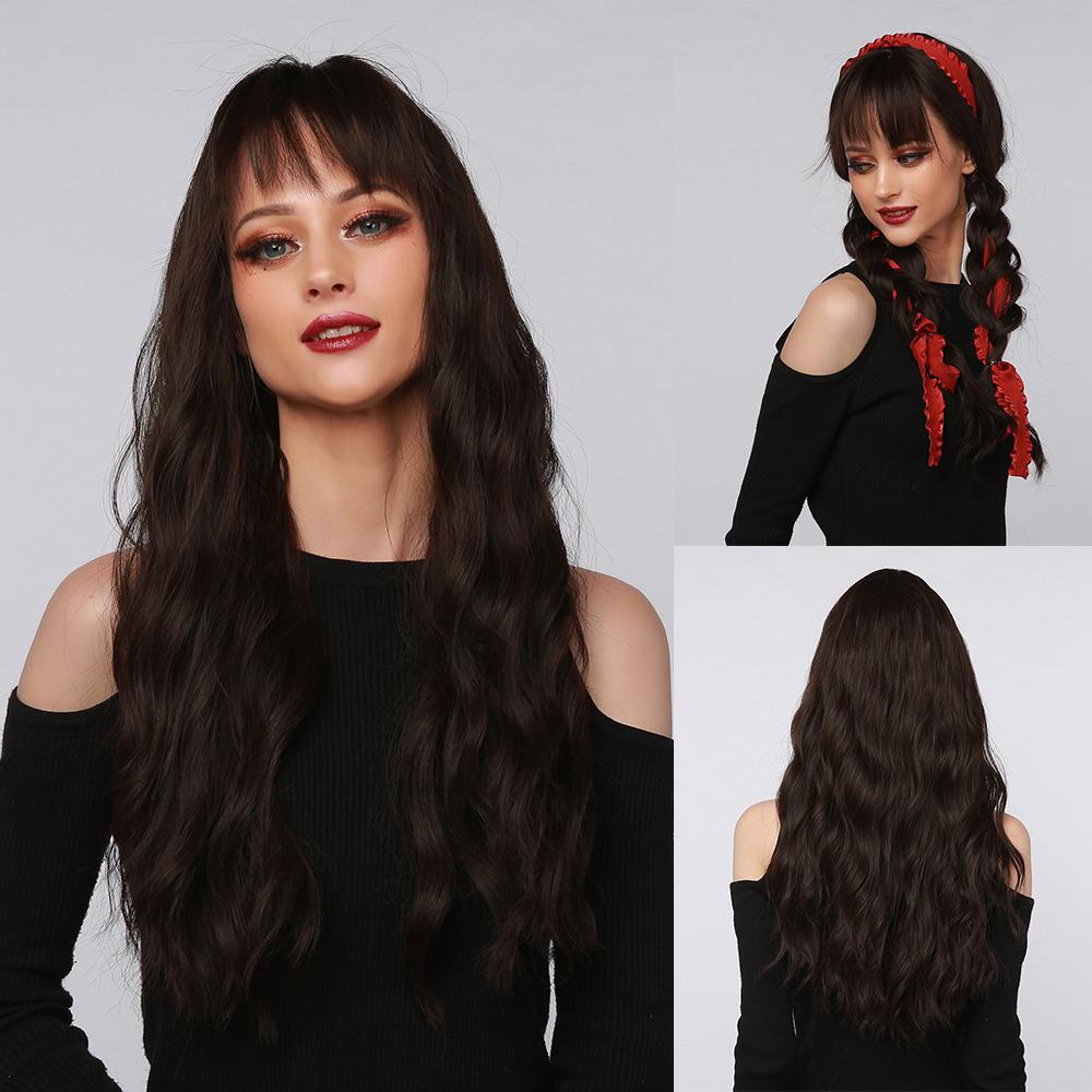 Synthetic Wigs Long Natural Wavy Wig Ombre Brown Golden Highlight Blonde Layered Hair with Side Bangs for Women Heat Resistant